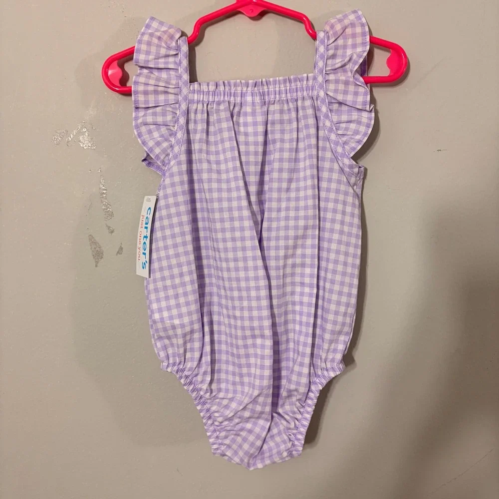 Carter's Romper Baby Girl 9M Purple NWT Gingham Ruffle Bubble Bodysuit SUNSUIT